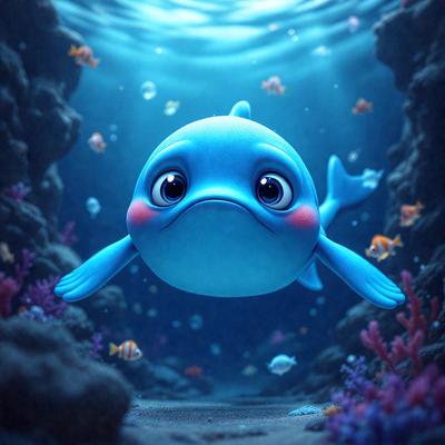 The primary subject of the image is a blue cartoon fish with a pink nose, floating in a blue ocean. The fish appears to be smiling, and it is surrounded by a variety of colorful fish in the background. The setting is an underwater environment, with the fish swimming among the other fish. The visual style of the image is a digital art or illustration, creating a lively and playful atmosphere. The dominant colors in the image are blue and pink, with the blue ocean and the pink nose of